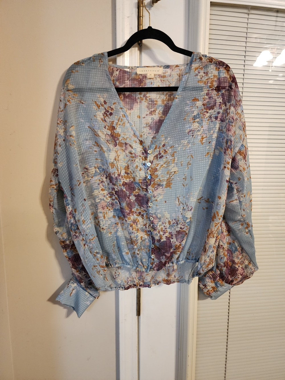 Lovestitch Blue Floral Button-Front V-Neck Blouse